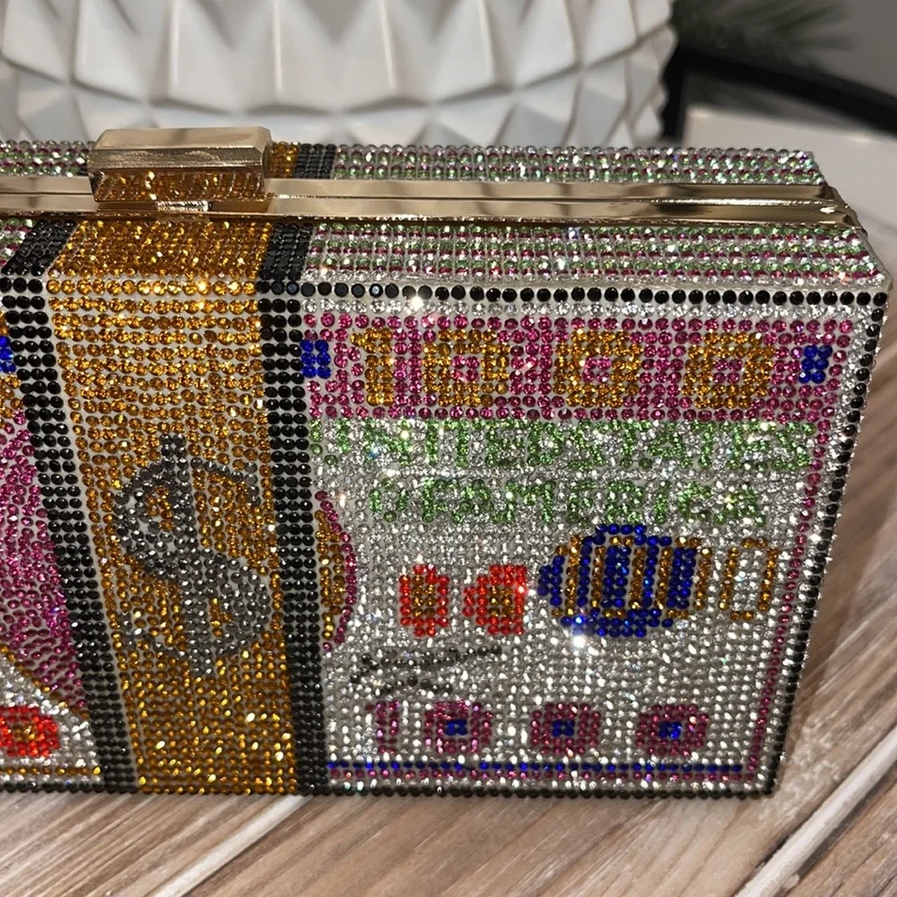 NWT Rich Girl Rhinestone Money Studded Box Clutch